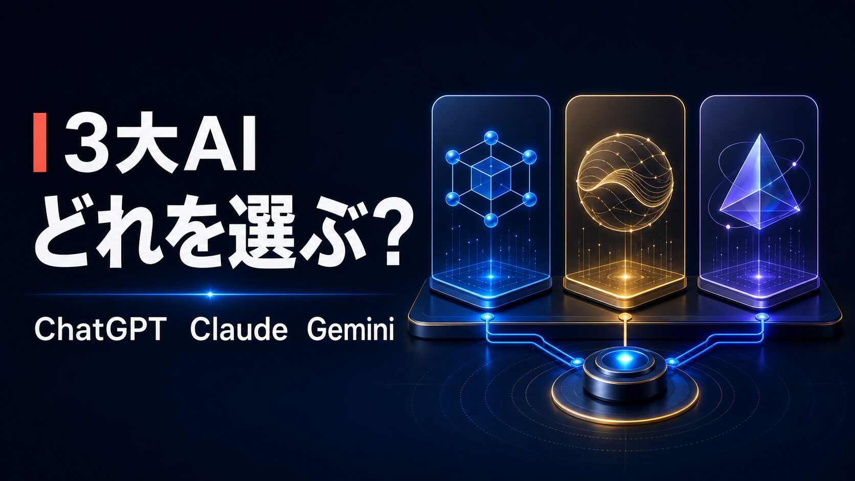 ChatGPT、Claude、Geminiの3大AIを比較し、用途に合うサービスを選ぶためのアイキャッチ画像