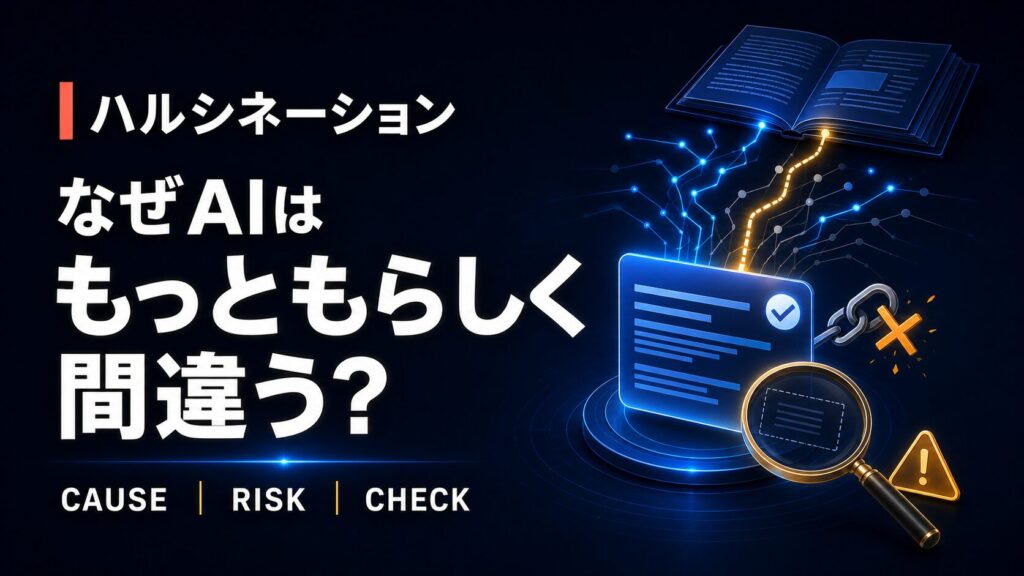 AIが根拠のない回答を生成するハルシネーションと確認の必要性を示した図