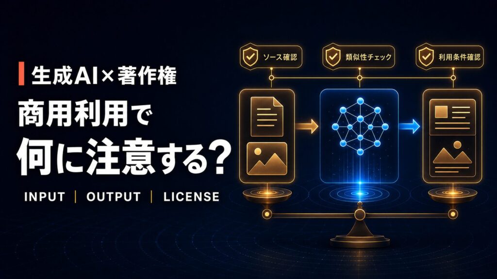 生成AIの入力素材、出力物、ライセンスを確認して商用利用する流れを示した図