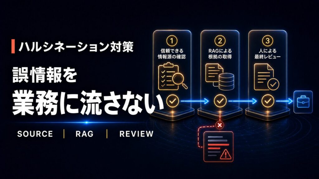 情報源の確認、RAG、人のレビューでAIの誤情報を業務に流さない対策を示した図