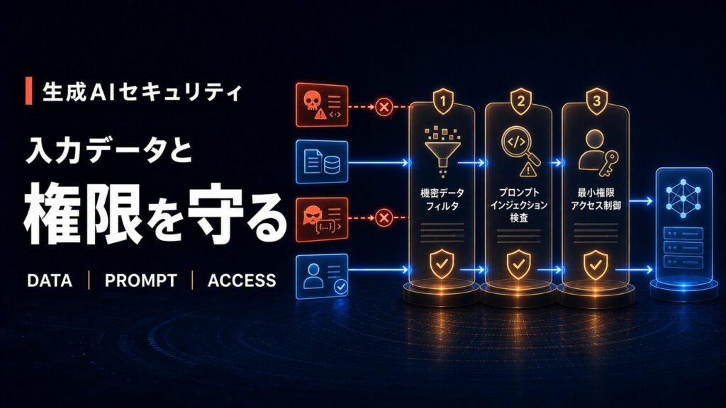 機密データ、プロンプトインジェクション、アクセス権限を3段階で保護する生成AIセキュリティの図