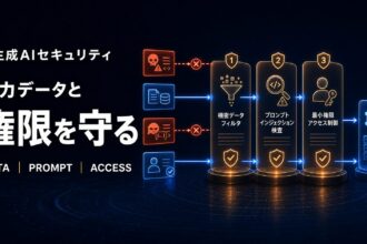 機密データ、プロンプトインジェクション、アクセス権限を3段階で保護する生成AIセキュリティの図
