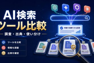 複数のAI検索ツールで調査と出典確認を行う様子を表したイメージ