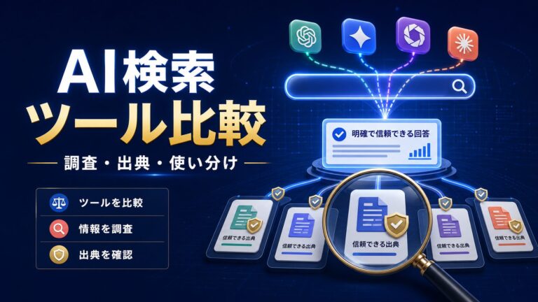 複数のAI検索ツールで調査と出典確認を行う様子を表したイメージ