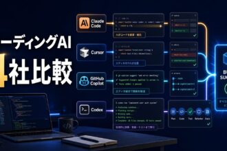 Claude Code、Cursor、GitHub Copilot、CodexのコーディングAIを比較するイメージ