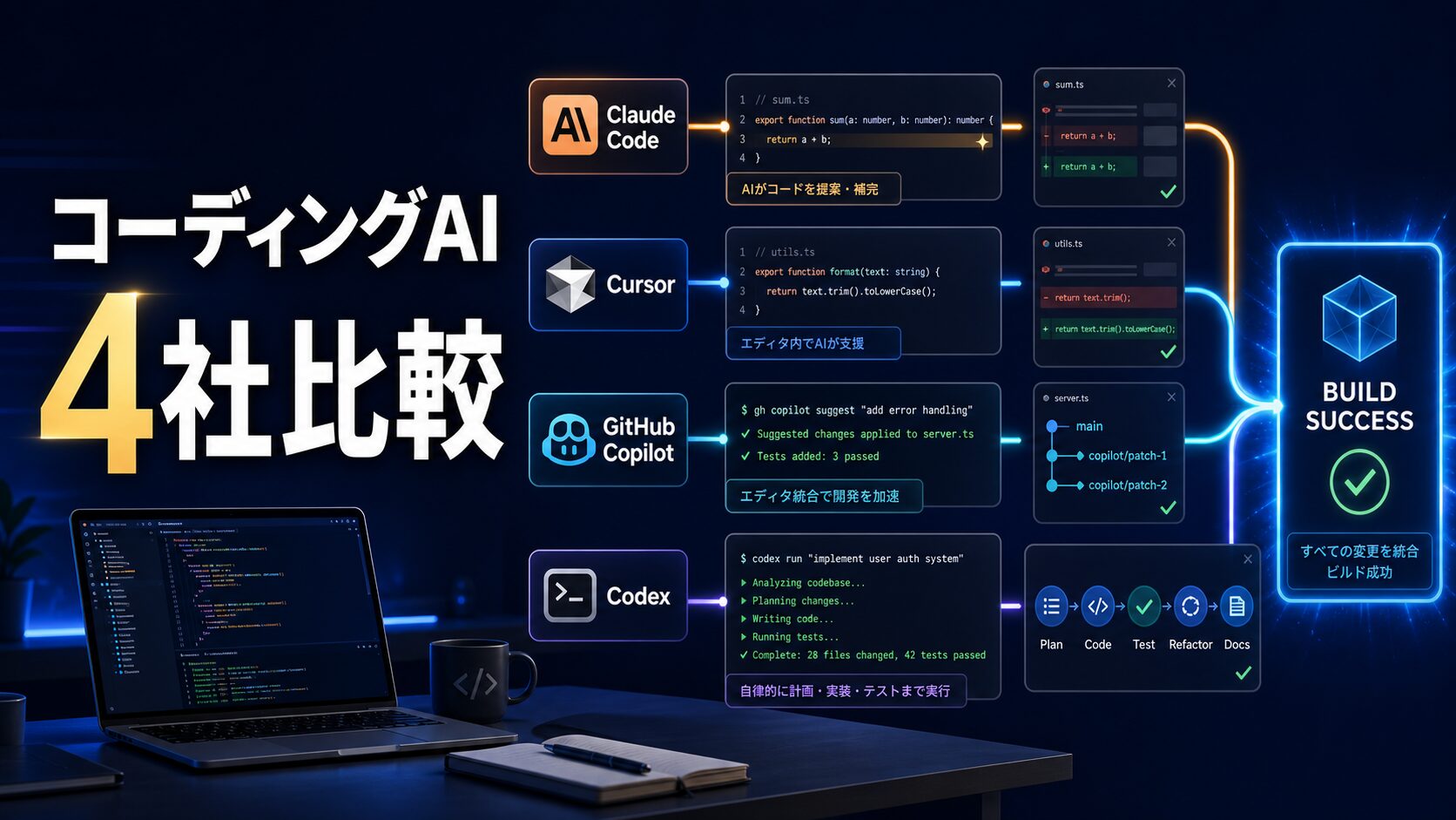 Claude Code、Cursor、GitHub Copilot、CodexのコーディングAIを比較するイメージ