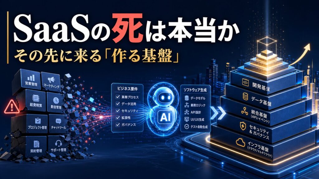 従来型SaaSからAIエージェントと新しい開発基盤へ移る変化を表したイメージ